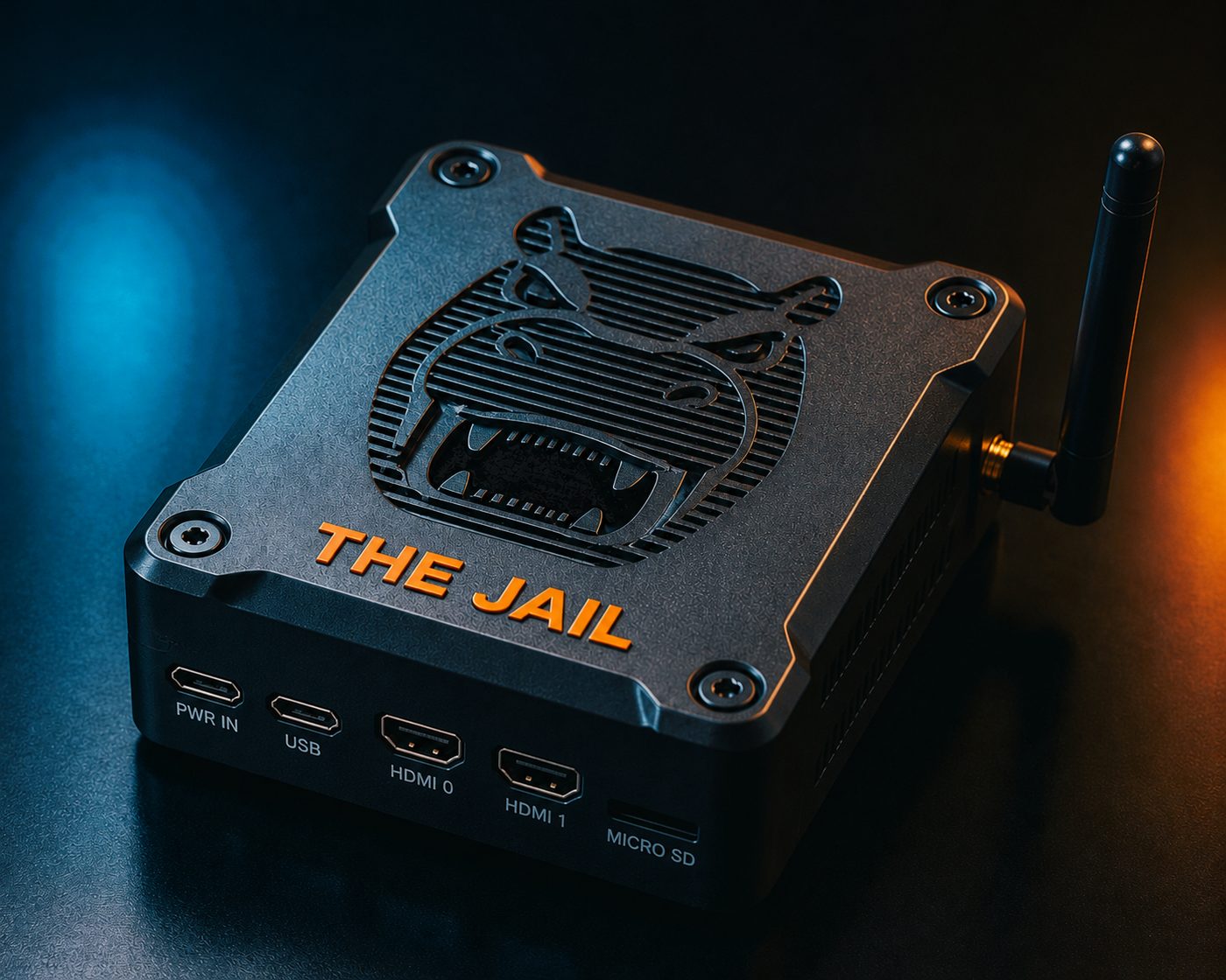 The Jail — render of the device, matte black case with orange THE JAIL wordmark and hippo head etched into the vented top, antenna on the right.